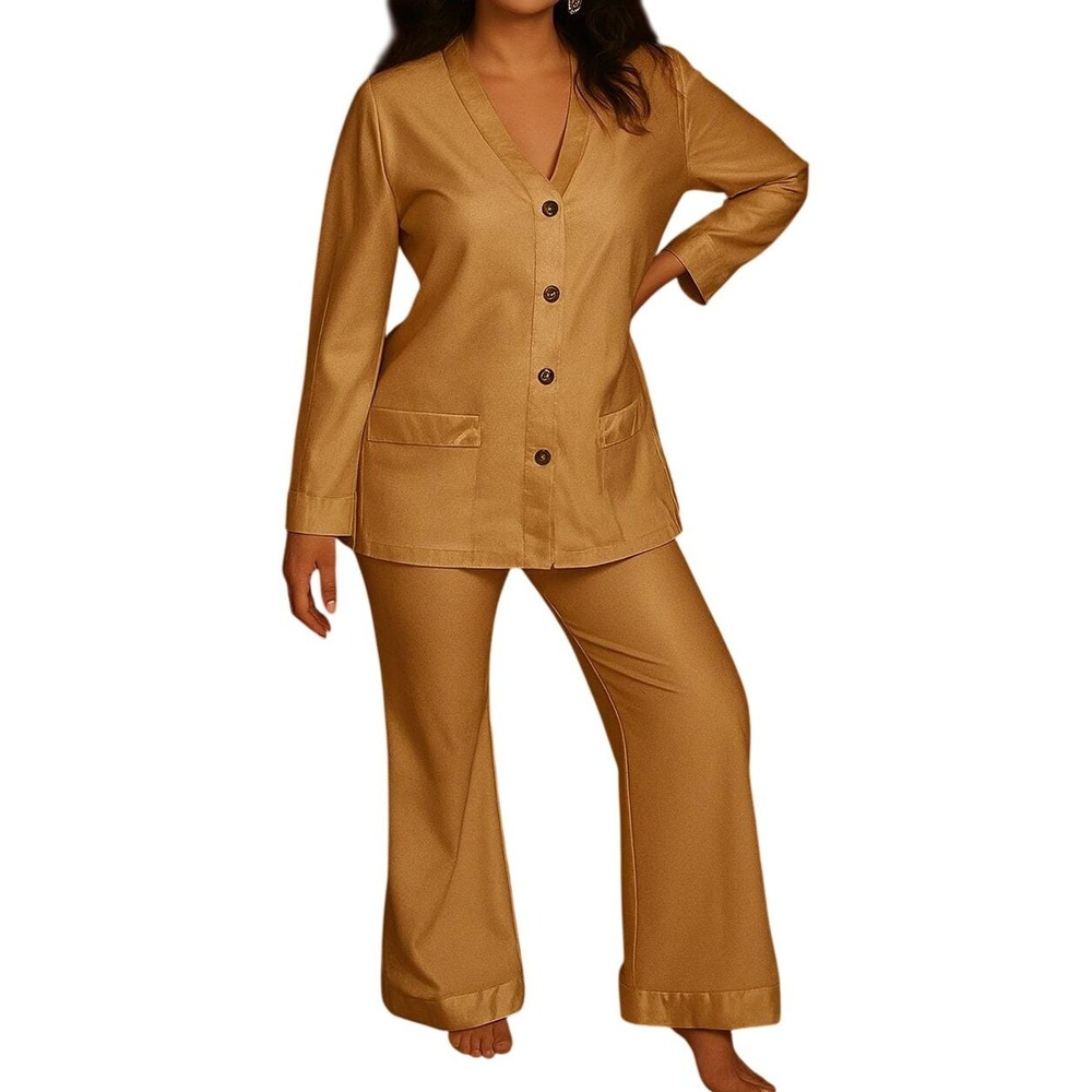 Vintage 70s JuliPet Gold Satin Lounge Set Top & Pants Italy Polyamide M 42/38